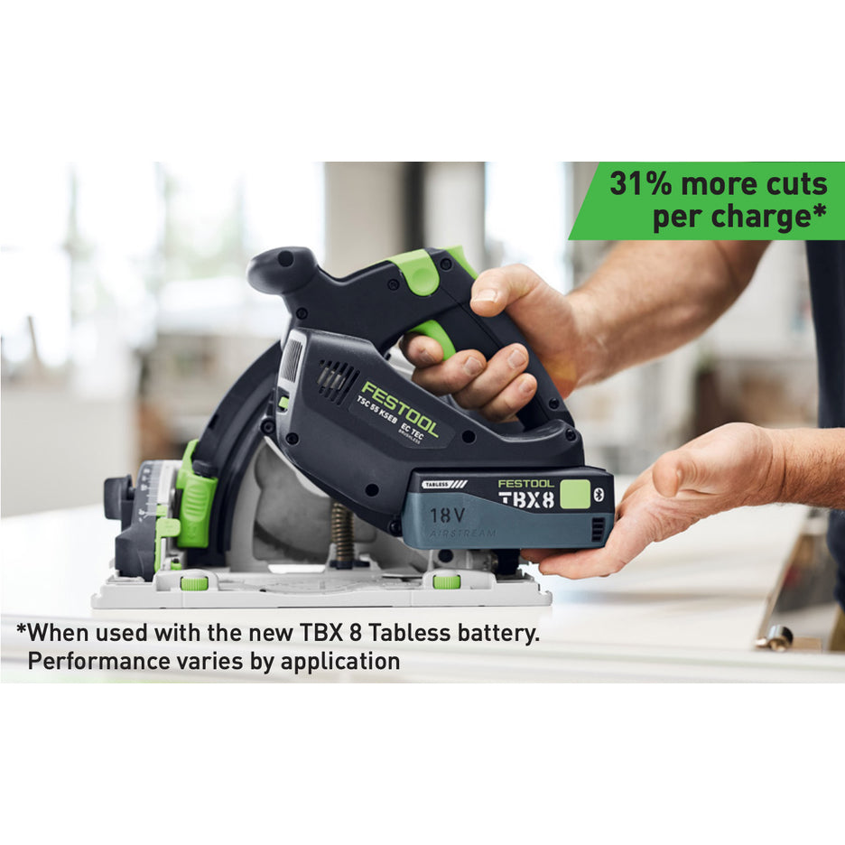 Festool Cordless Track Saw 160mm TSC 55 KS-Basic 18V 577991 gets 31% more cuts per charge than previous generation saw