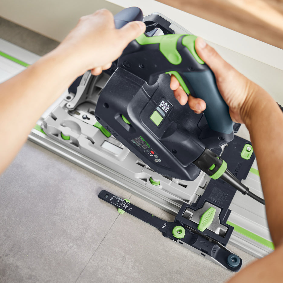 Depth Position Indicator can be attached to the left side of the Festool Guide Rail when space on the right is limited.