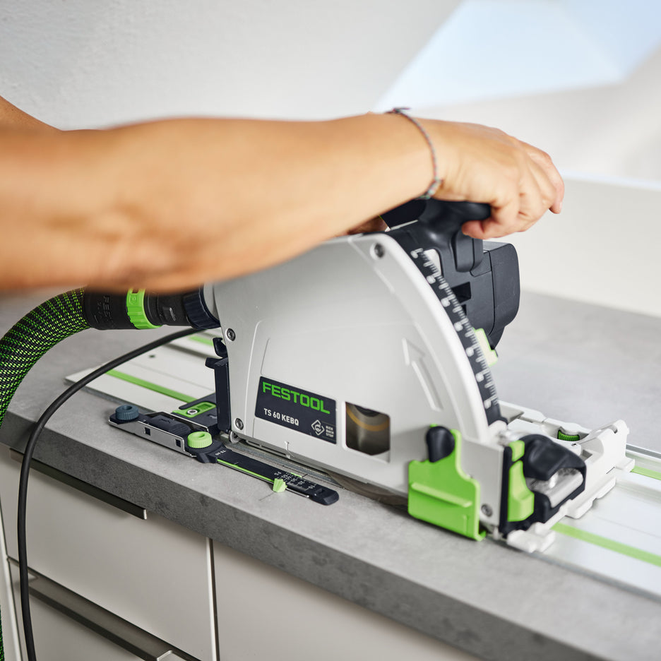 Rear Festool Depth Position Indicator is aligned with a pencil mark on the workpiece, and saw is being plunged to start the pocket cut.