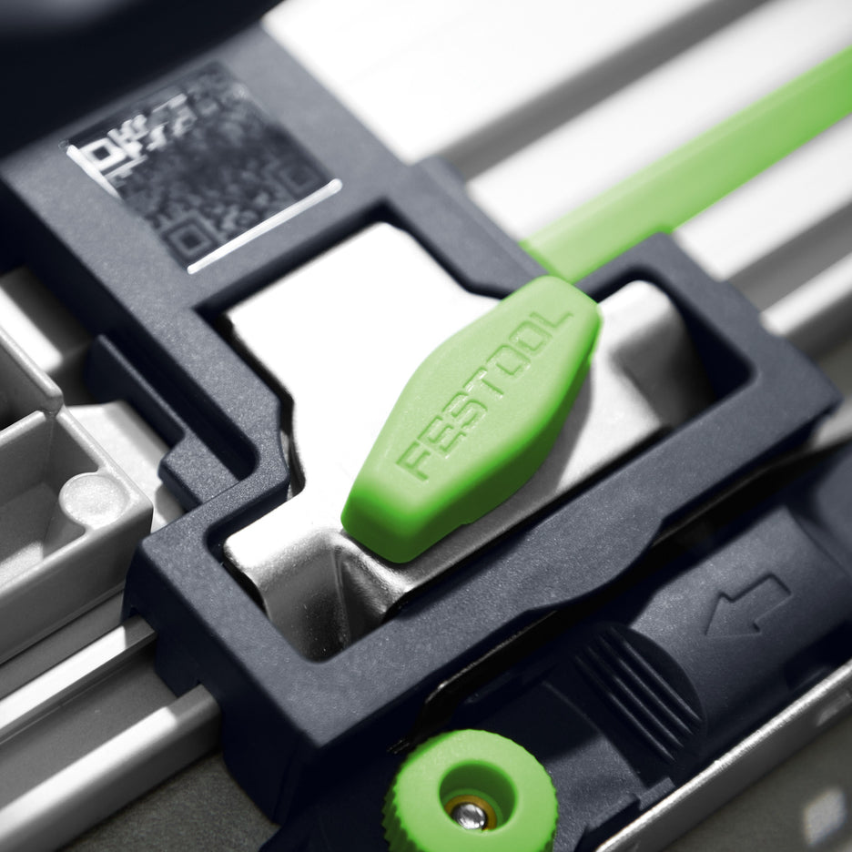 Close up of Festool Depth Position Indicator clamping mechanism that secures it to the FS Guide Rail