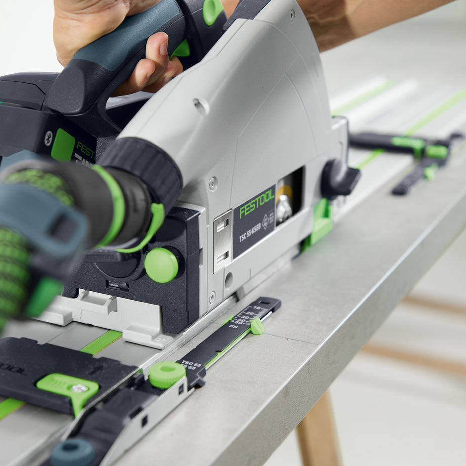 Festool TSC 55 KS making a pocket cut in countertop with Depth Position Indicators for start and end of cut.