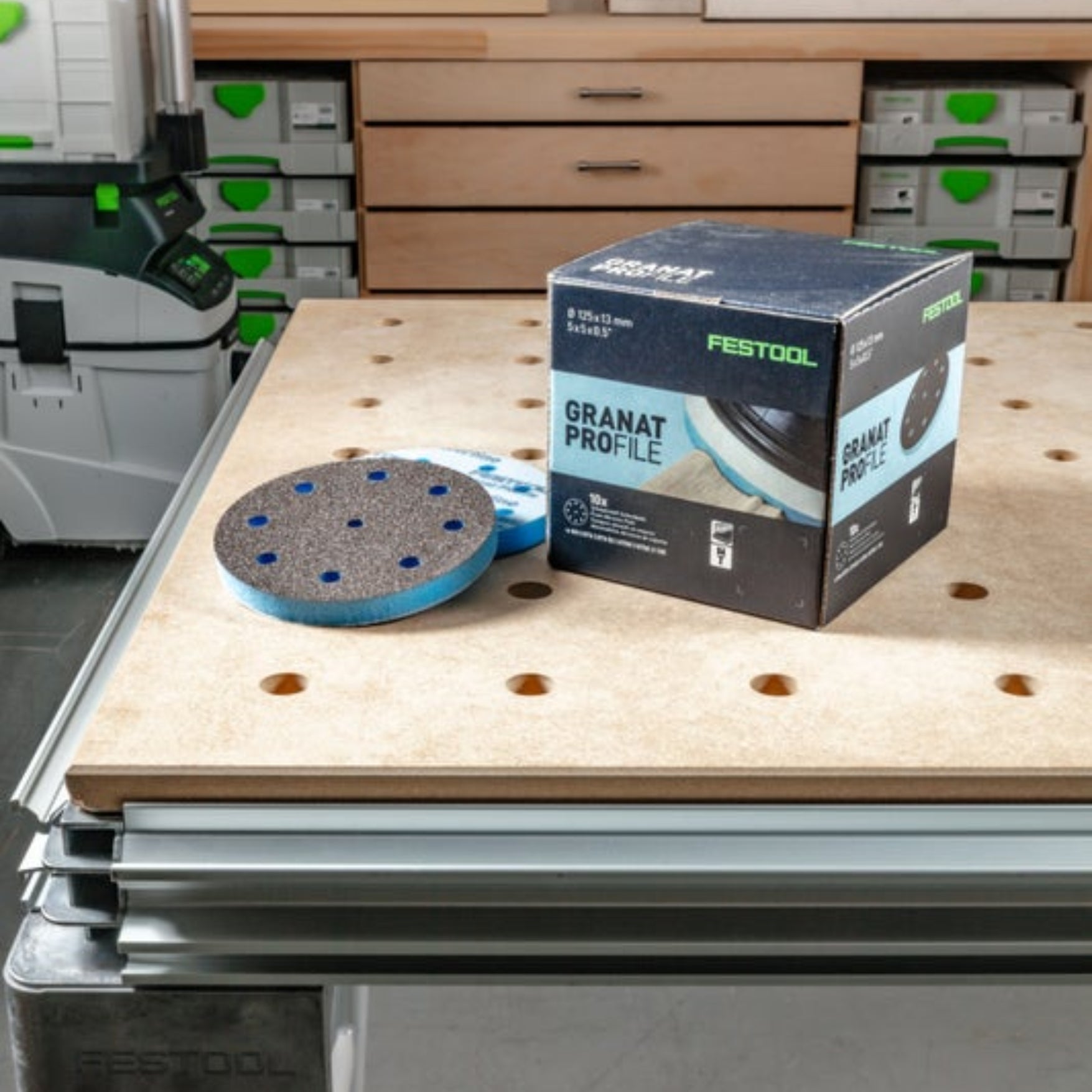 Festool Grit Abrasives Granat PROfile D125 M GR PRO and box on MFT table