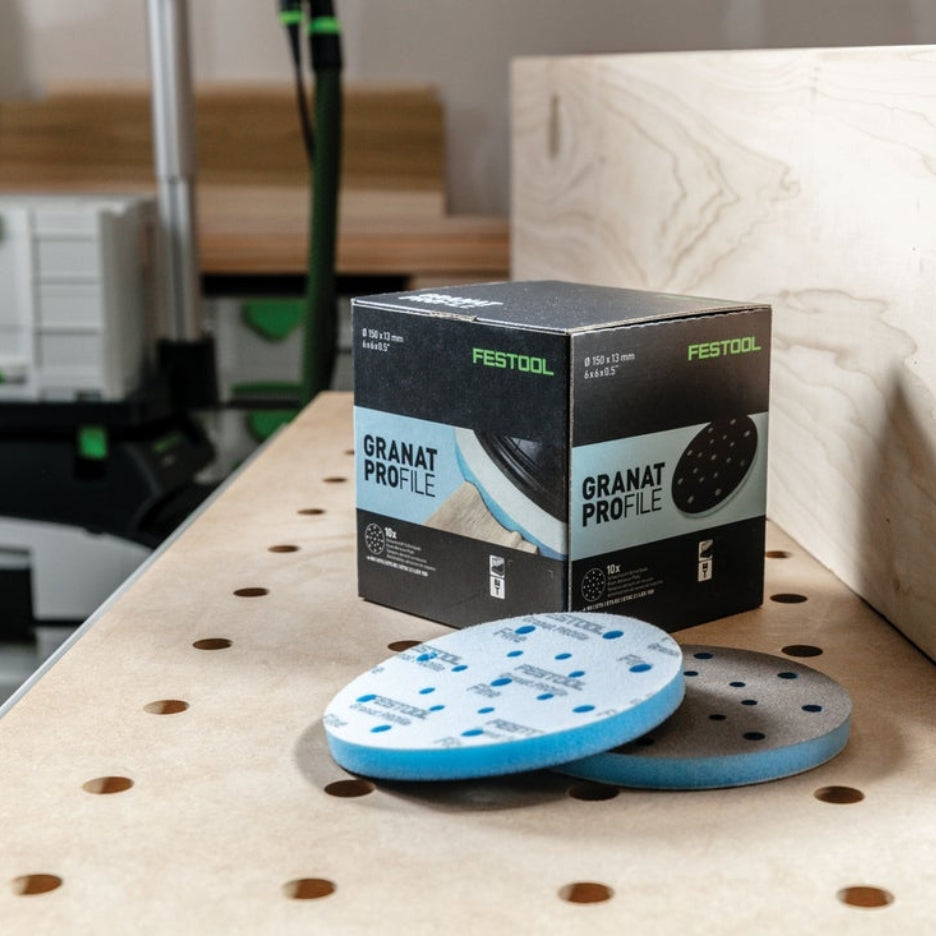 Festool Grit Abrasives Granat PROfile D150 M GR PRO and box on MFT table