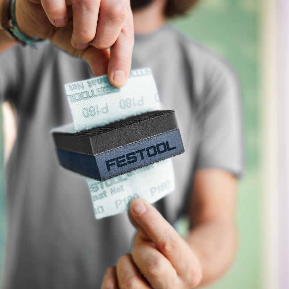 The Festool HSK-DUO has hook faces on both sides, so you can attach abrasives to each side.