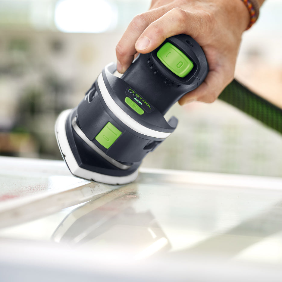 Festool DTS Light Module on DTS 400 orbital sander, sanding glazing around window