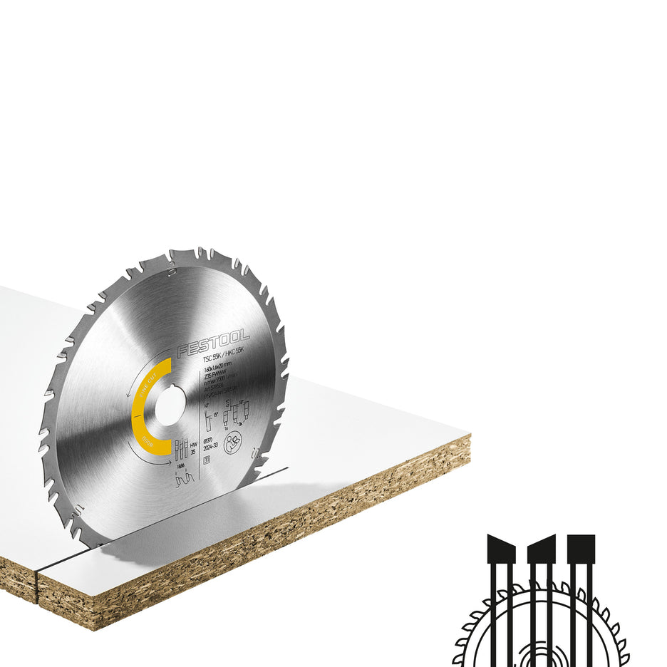 Festool Panther Rip Circular Saw Blade 160mm x 12T ATB+R with 20mm Bore 578587 application example and tooth profile icons