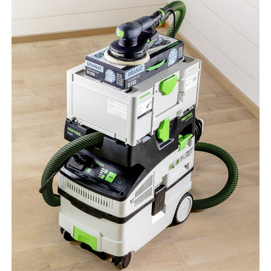CT MIDI I HEPA Dust Extractor with Systainer and D150 GR-Set Granat Starter Set box, with ETS EC 150/5 Plus Random Orbit Sander on top.