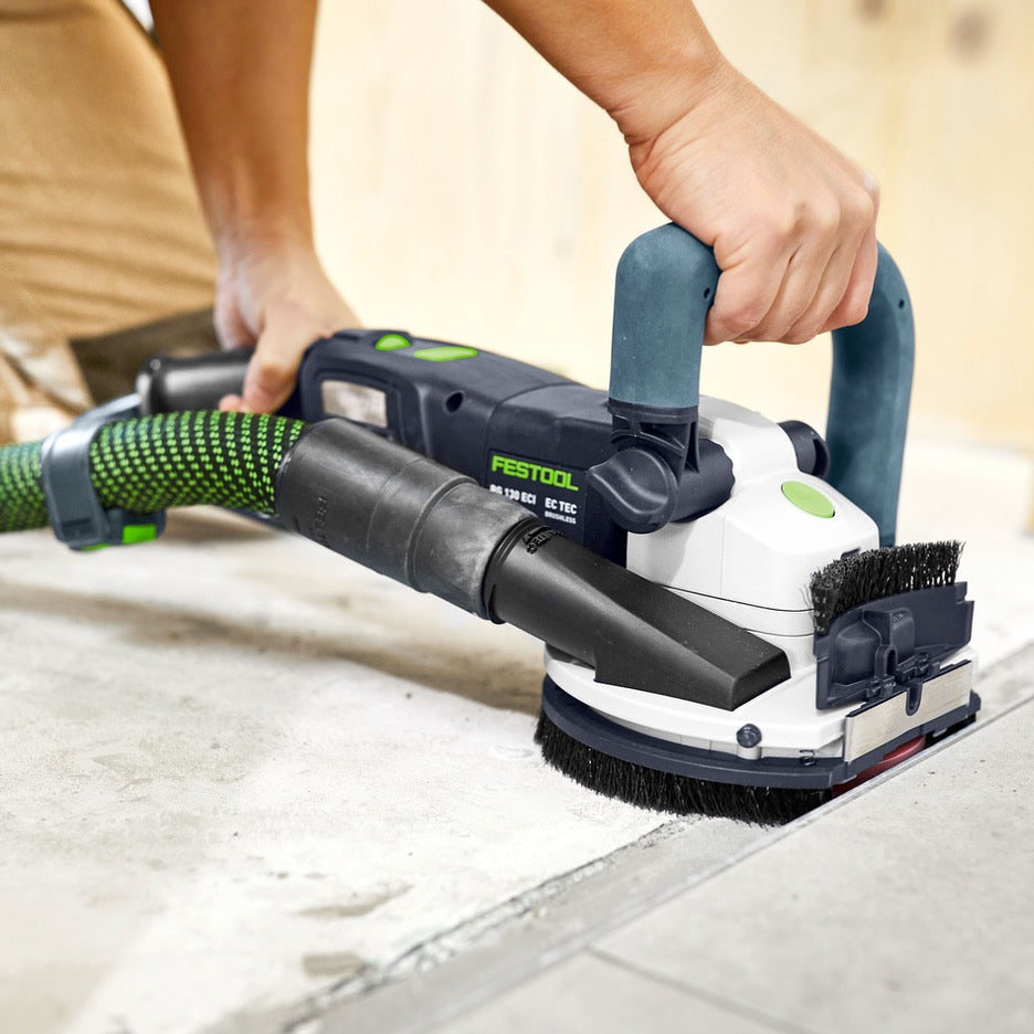 Festool Renofix Renovation Grinder with Diamond Disc RG 130 ECI-Plus 577048 grinding floor seam with front brush segment flipped up to grind up to adjacent surface