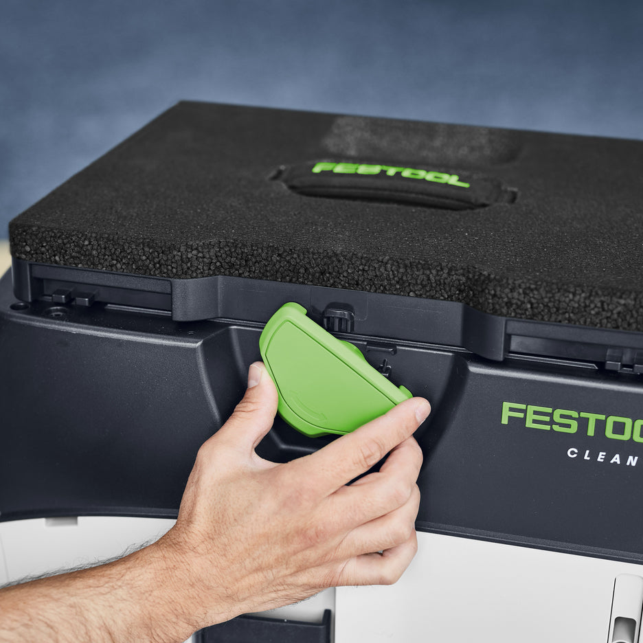 Man connects Seat Cushion to top of Festool dust extractor with T-Loc latch.