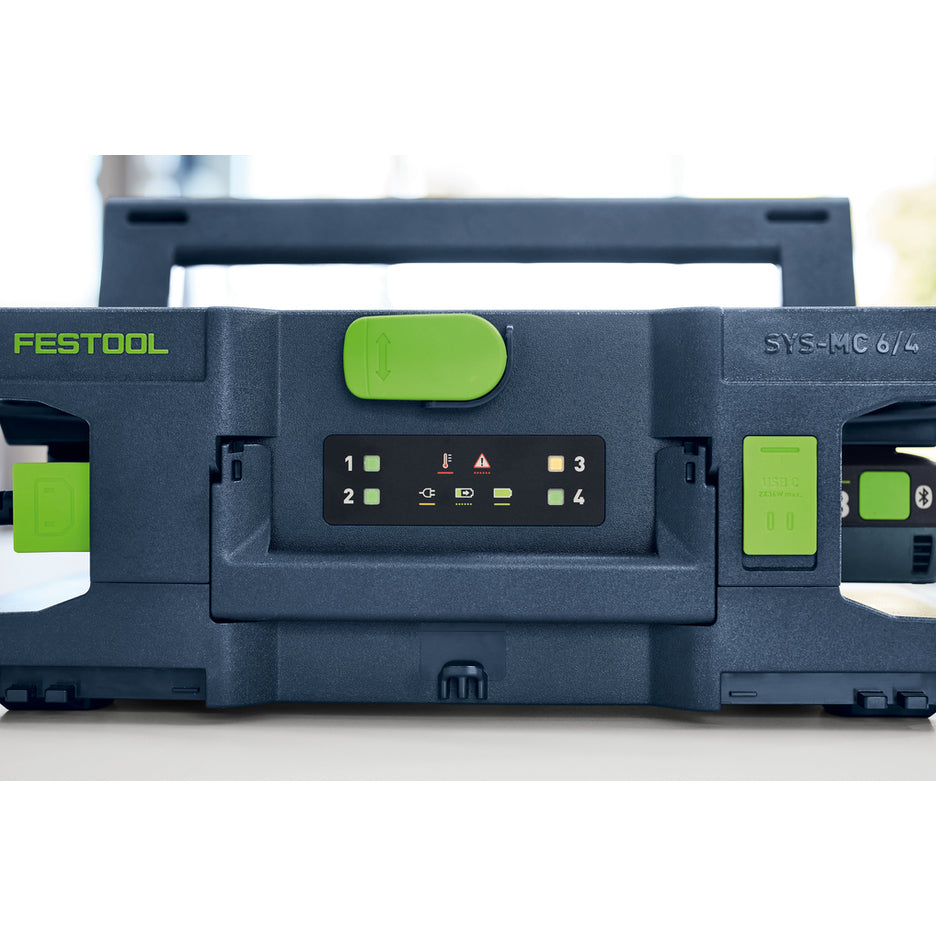Detail front view of Festool Systainer Multi-Bay Rapid Charger showing status indicators and USB-C silicone port cover