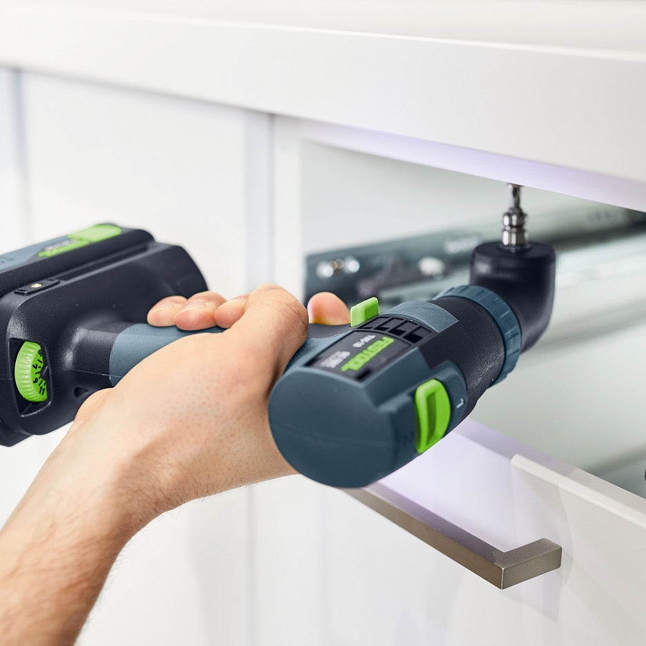 Festool TXS 18 Cordless Drill Basic 576901 with right angle chuck attaching countertop from inside cabinet