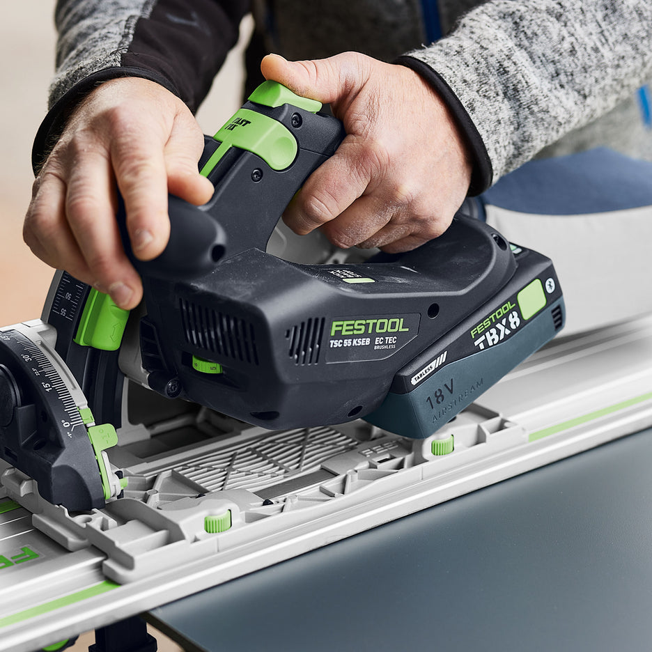 Festool TBX 8 Tabless Lithium-Ion Battery Pack powering TSC 55 KS track saw