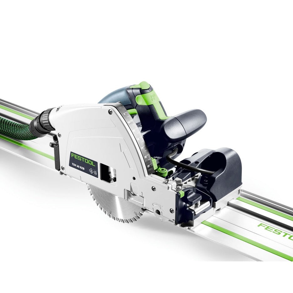 Festool Track Saw 168mm with Scoring Function TSV 60 KEB-F-Plus-FS 577748 front right on FS guide rail and vacuum hose connected