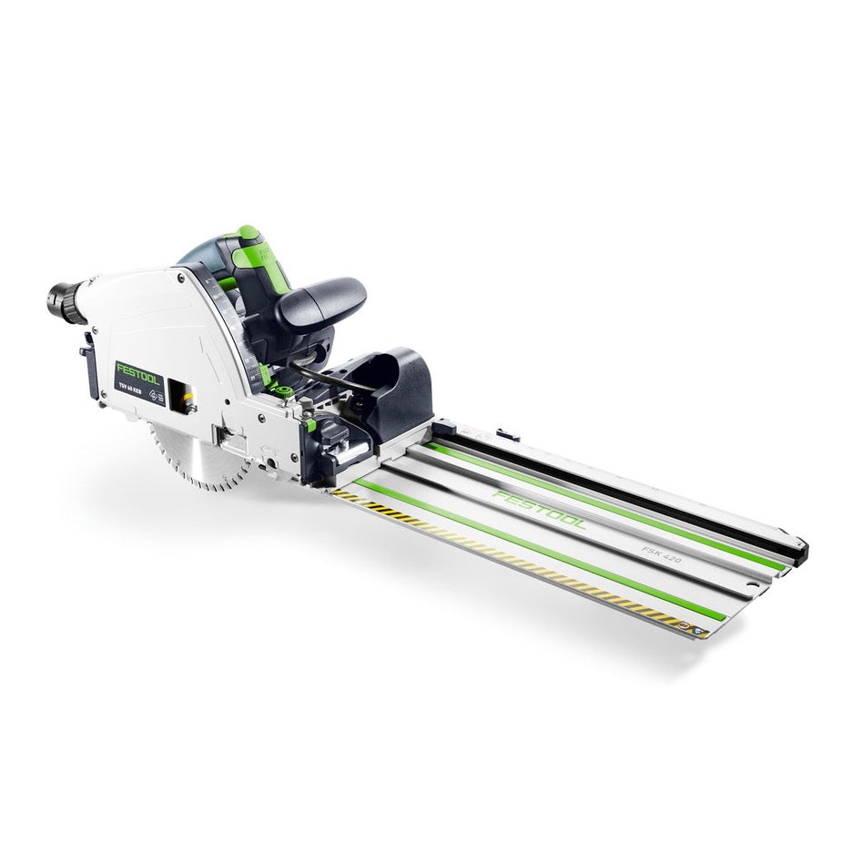 Festool Track Saw 168mm with Scoring Function TSV 60 KEB-F-Plus-FS 577748 front right on FSK guide rail for crosccutting
