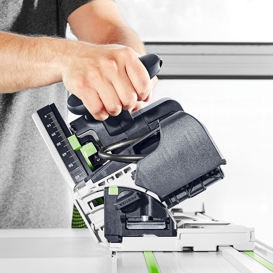 Festool Track Saw 168mm with Scoring Function TSV 60 KEB-F-Plus 576735 tilted for bevel cut