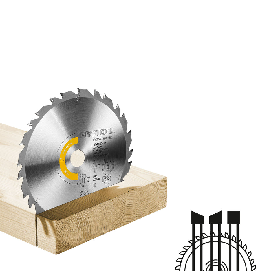 Festool Universal Circular Saw Blade 160mm x 25T ATB+R with 20mm Bore 578589 application example and tooth geometry icons