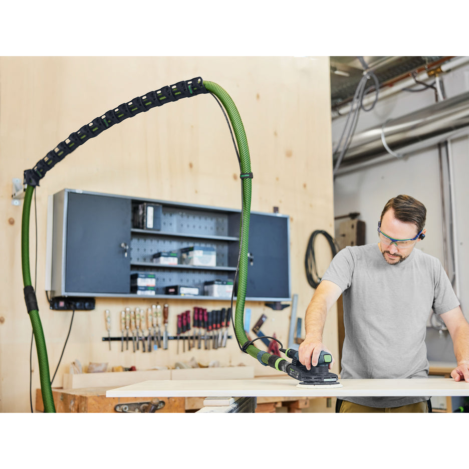 Festool Wall-Mount Boom Arm Set holds hose up off the floor where it won't catch or be tripped on.