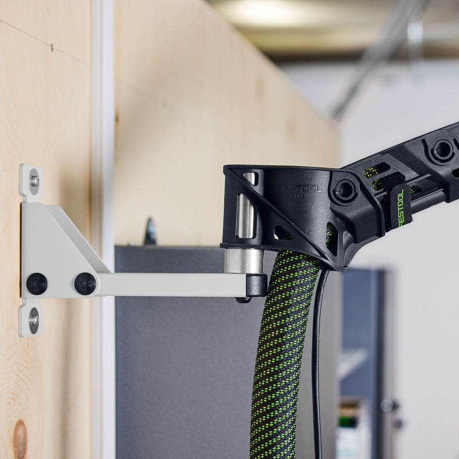 Detail of Festool Wall-Mount Boom Arm Set steel wall bracket and boom arm connection. Bracket fastened to wall with two screws.