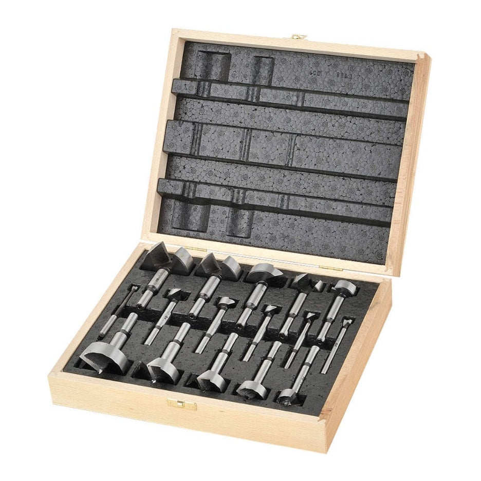 Set of 16 Fisch Tools Wave Cutter Forstner Bits in a wooden case with custom foam insert for protection and storage.
