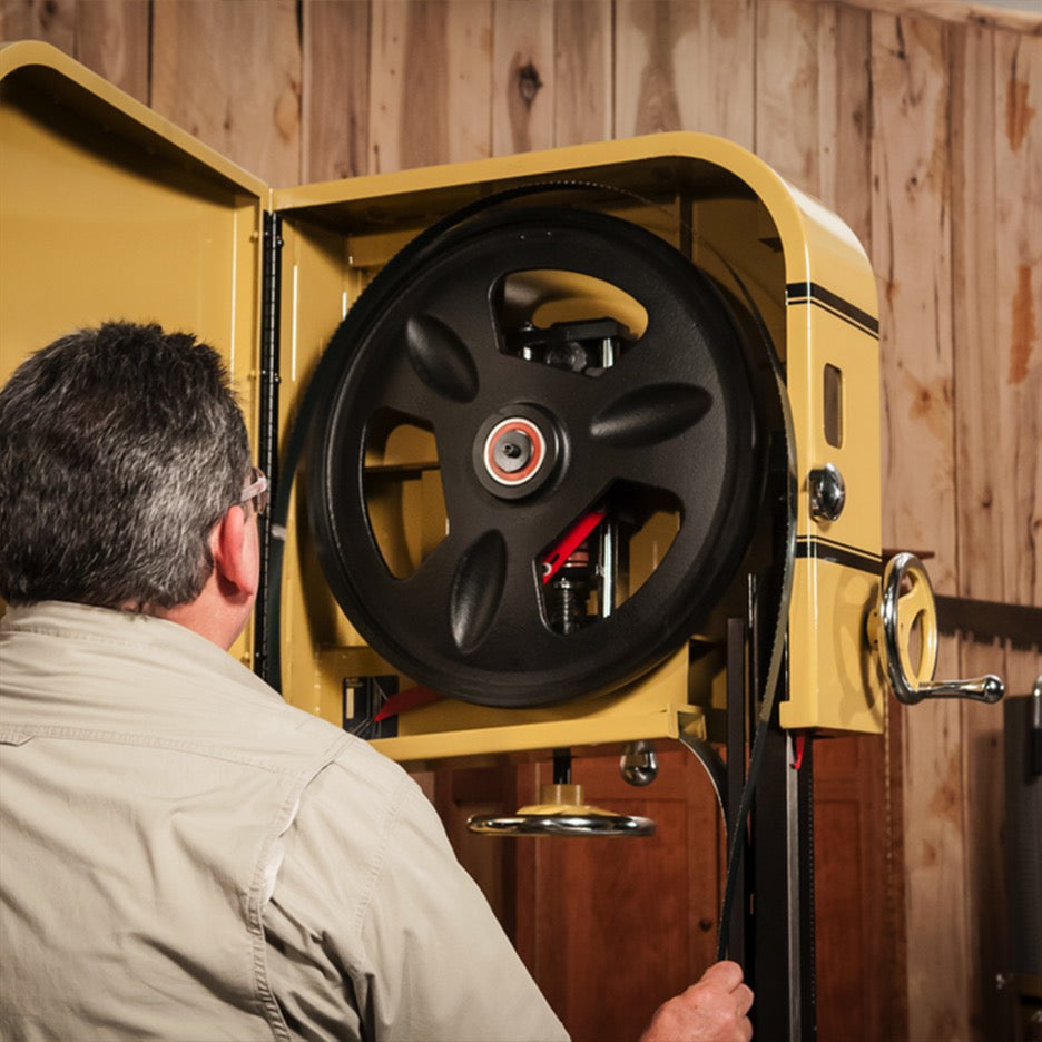 Powermatic PM1800B-3T 18" Bandsaw with ArmorGlide, 5HP 3PH 230V PM1-1791801BT installing blade on upper wheel