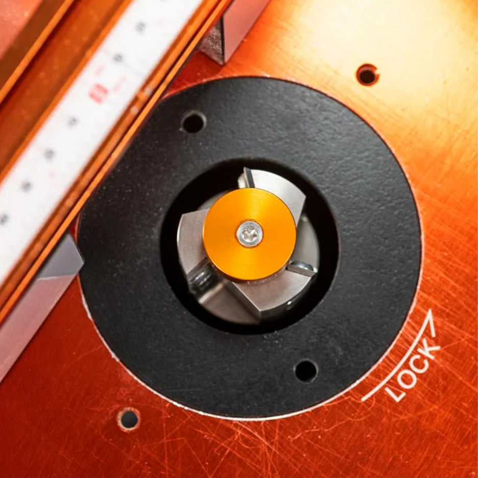 Close-ip of top of UJK Tools 3-Flute Metric Multi-Rabbetting Router Bit with 1/2 Inch Shank 