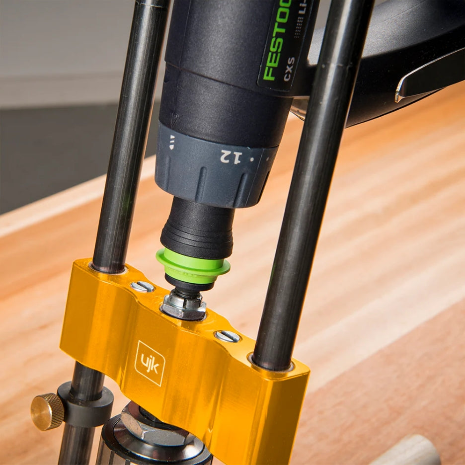 Close-up of a Festool drill bit attached to Drill Guide with 10mm Chuck