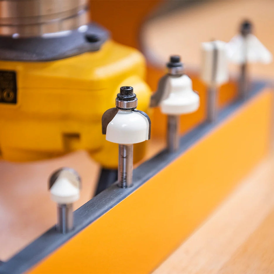 Close-up of a router bit set on UJK Tools Portable Trim Router Table