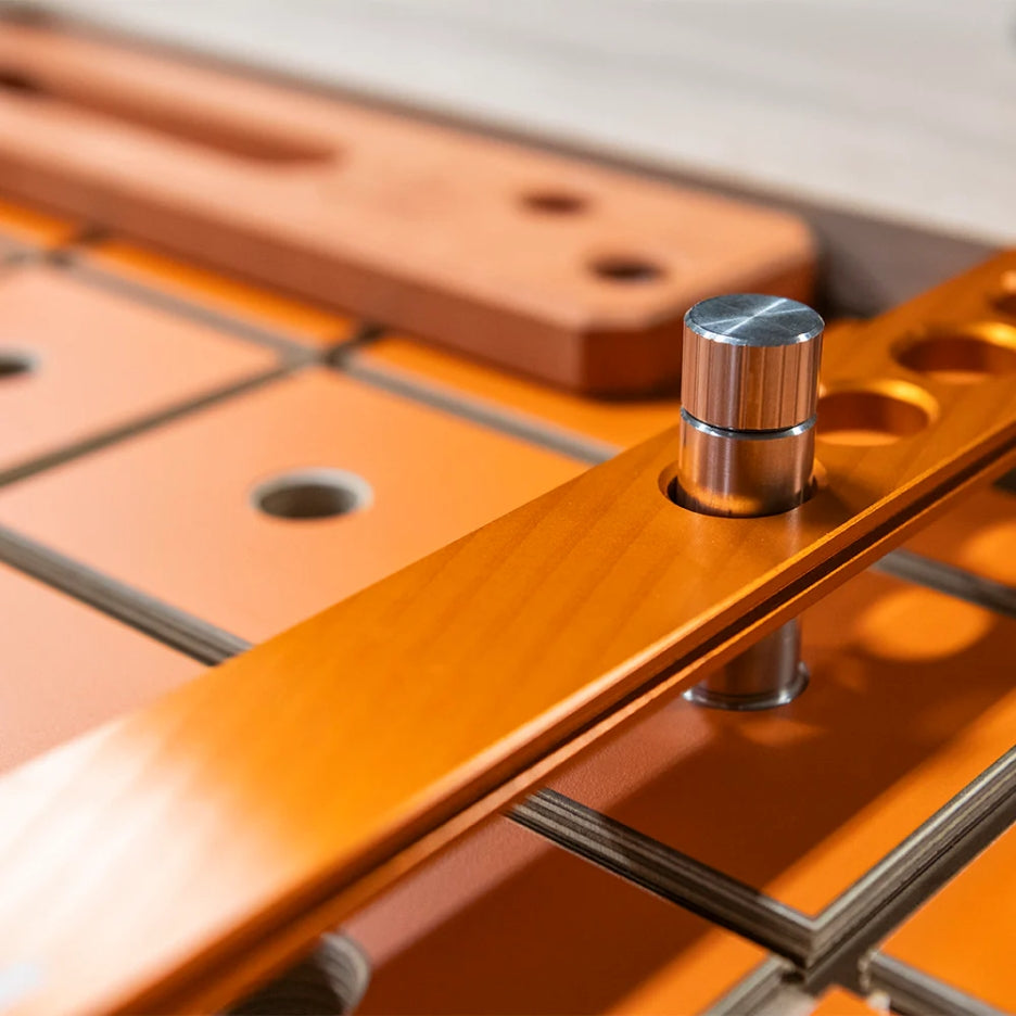 Close-up of dog bench on UJK Tools Rail Clamp MFT Top