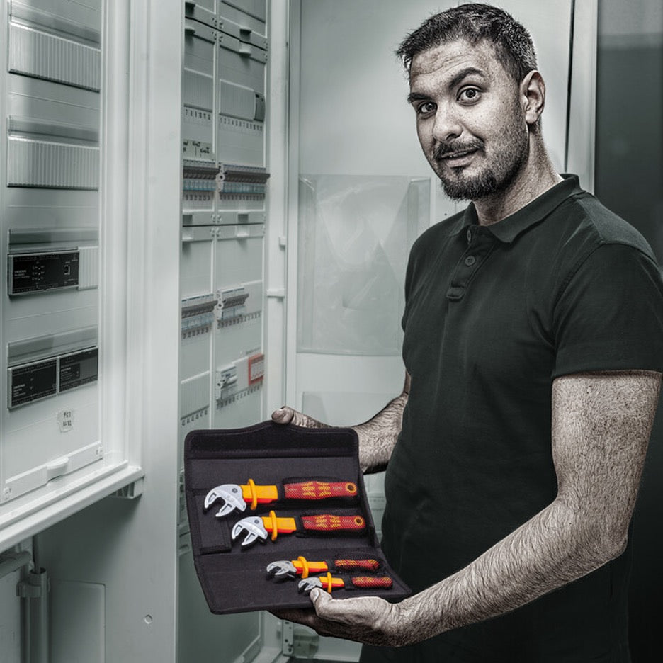 Electrician displays his tool case of Wera BDE Joker Self-Setting Wrenches