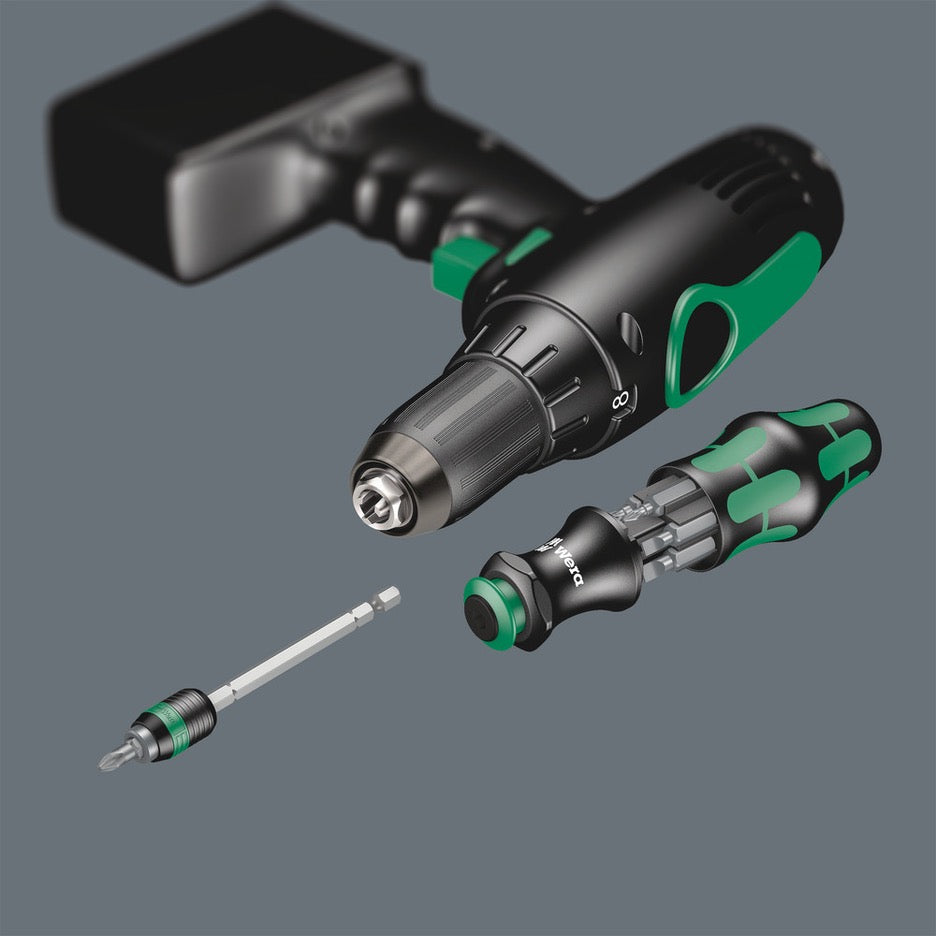 Rapidaptor can be used in screwdriver handle, or with power tools.