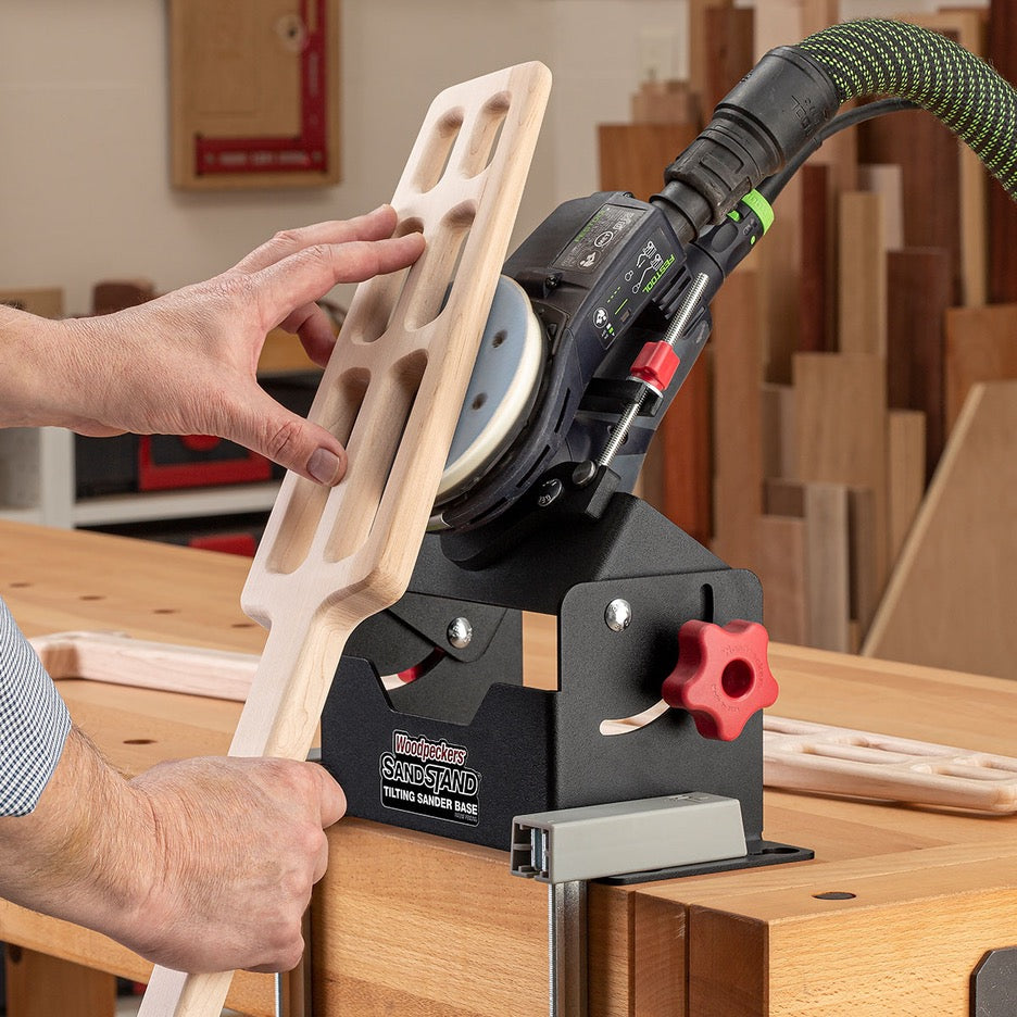 Woodpeckers SandStand Tilting Sander Base SSTAND-23 clamped to bench with sander at angle