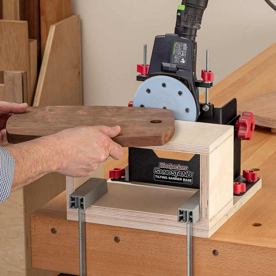 Woodpeckers SandStand Tilting Sander Base SSTAND-23 clamped to bench with auxiliary table