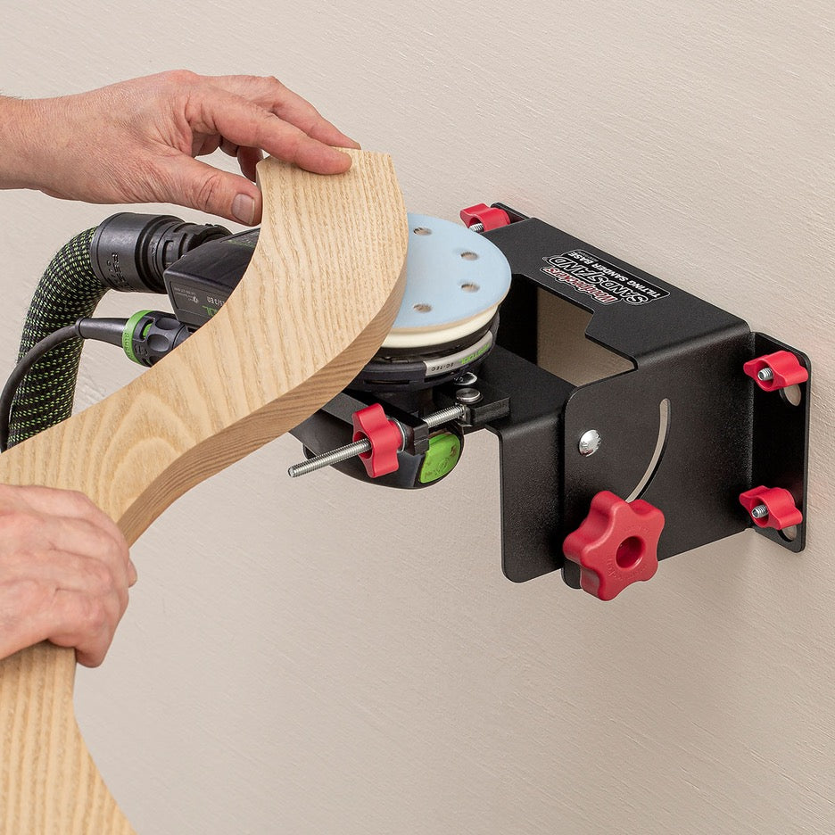 Woodpeckers SandStand Tilting Sander Base SSTAND-23 bolted to wall with sander vertical