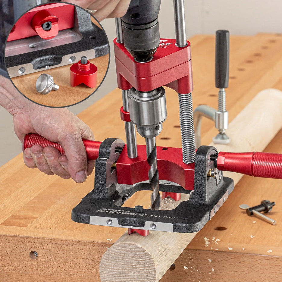 Woodpeckers AutoAngle Drill Guide A****** buttons with v-grooves allow centred holes in round stock