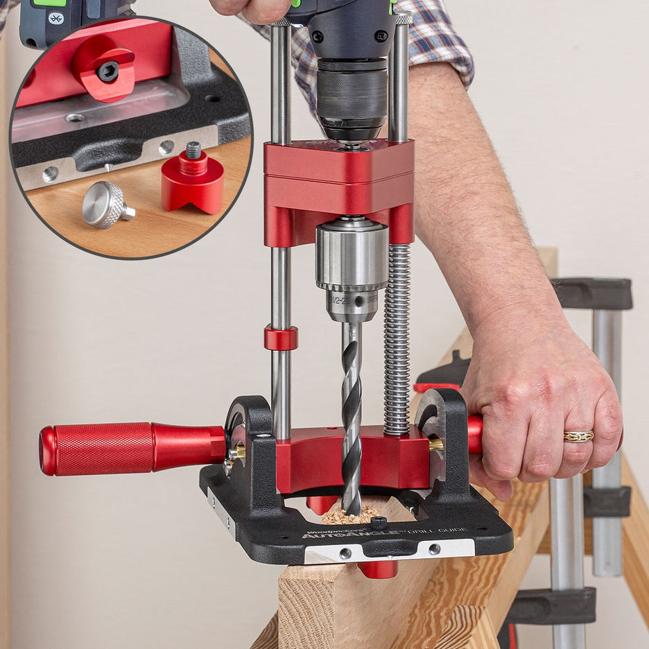 Woodpeckers AutoAngle Drill Guide A****** buttons allow centred drilling