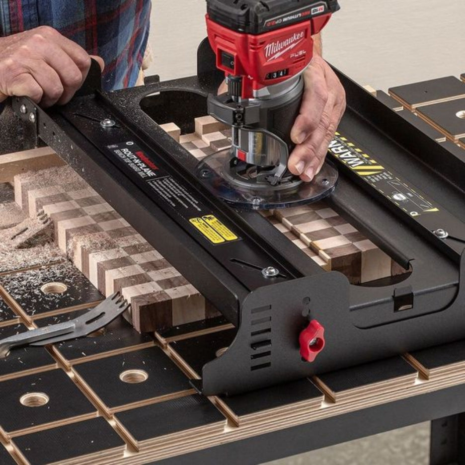 Surface end grain cutting boards with routers as small as cordless palm routers. Rout-N-Plane works on any flat work surface at least 22 - 1/2” wide.