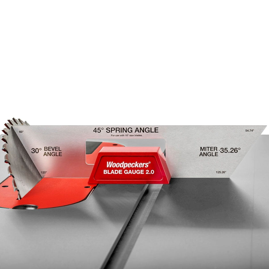 Woodpeckers Blade Gauge 2.0 includes gauges for the three most popular spring angles for crown molding: 38°, 45° and 52°.