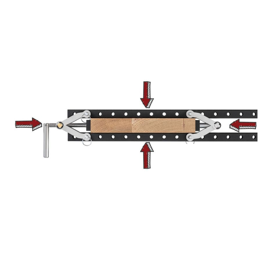 Pressure from the clamping screw is focused on the center of your panel, while the upper and lower bars grip vertically.