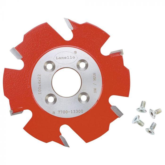 Lamello carbide-tipped 6-tooth replacement blade for biscuit joiners with four attachment screws.