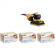 Mirka DEOS 3x5 Rectangular electric sander kit includes a box of each 80x, 120x, and 180x Abranet Ace ceramic mesh abrasive.