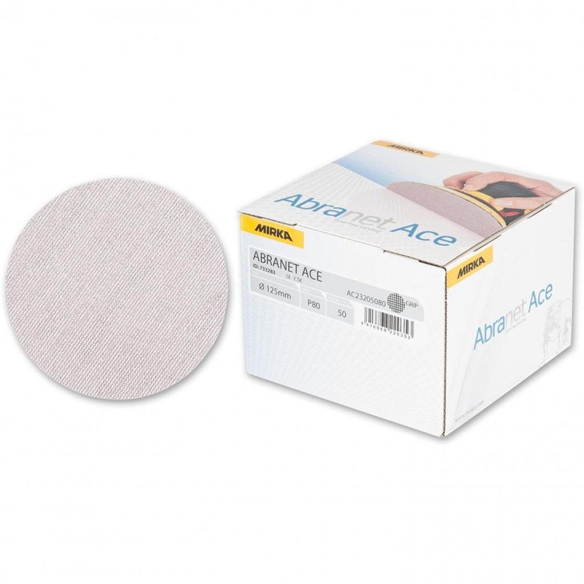 Box of 5" 125mm Mirka Abranet Ace P80 mesh abrasive, with one round disc out.