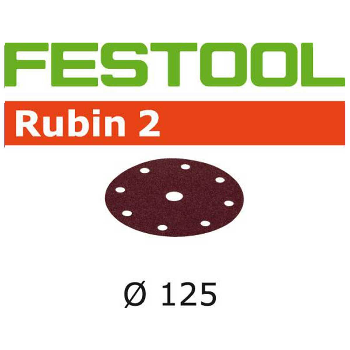D125mm aluminum oxide Rubin 2 abrasive disc for use with Festool's ETS 125, ETSC 125, ETS EC 125, and RO 125 sanders.