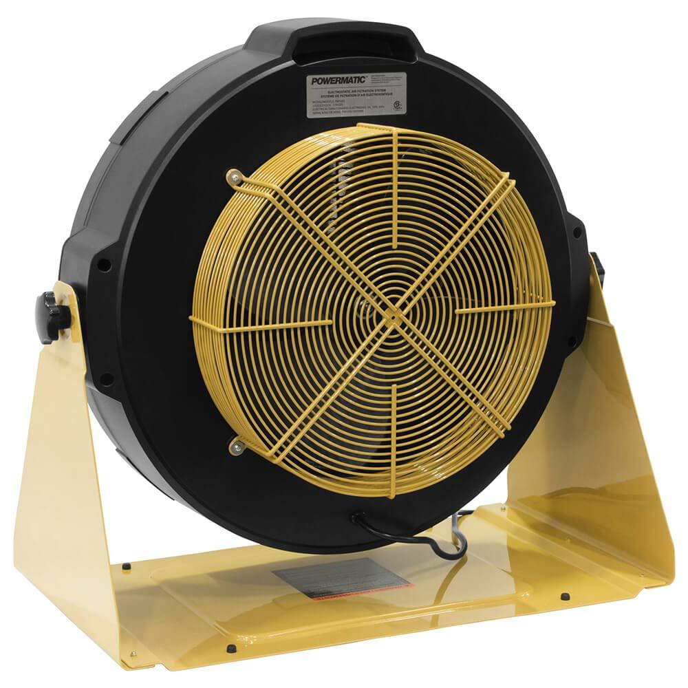 The back of the fan has a gold-coloured metal cylindrical cage covering the fan blades, held on with four screws.