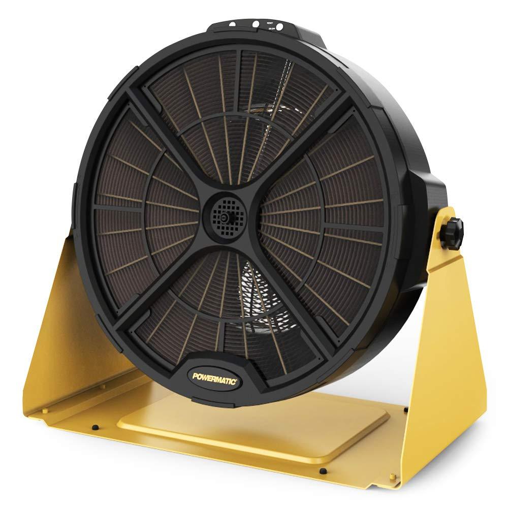 The front of the fan has a rugged-looking grill to prevent things from accidentally contacting the blades. Metal base.