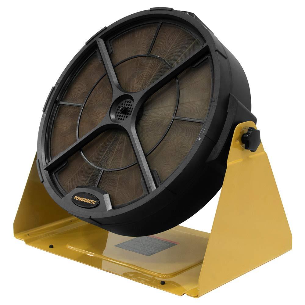 The Powermatic PM1250 fan assembly is tilted upwards to direct the airflow, and 6-lobe knobs lock the fan tilt.