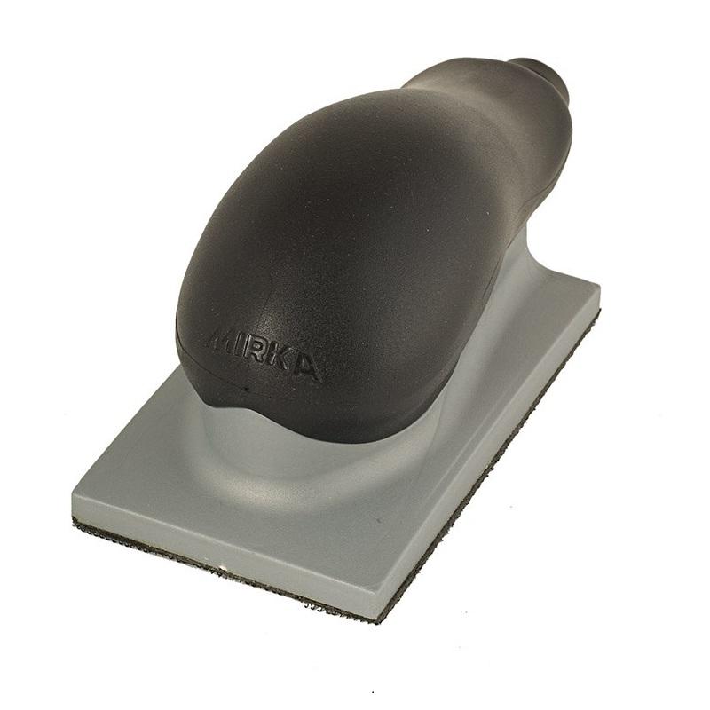 Mirka 70x125mm dust collection hand sanding block with black ergonomic grip, hook facing for loop abrasives, firm grey sole.