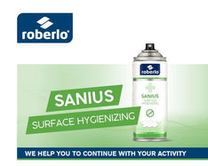 White and green aerosol can of Roberlo Sanius surface hygienizing  spary.