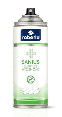 White and green aerosol can of Roberlo Sanius surface hygienizing spary.