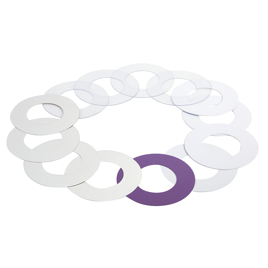 Set of 14 colour-coded plastic shims with 30 millimetre bore. Violet, silver, white and clear.