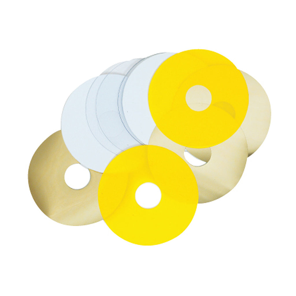 Set of 14 colour-coded plastic shims with 5/8 inch bore. Yellow, brass, white and clear.